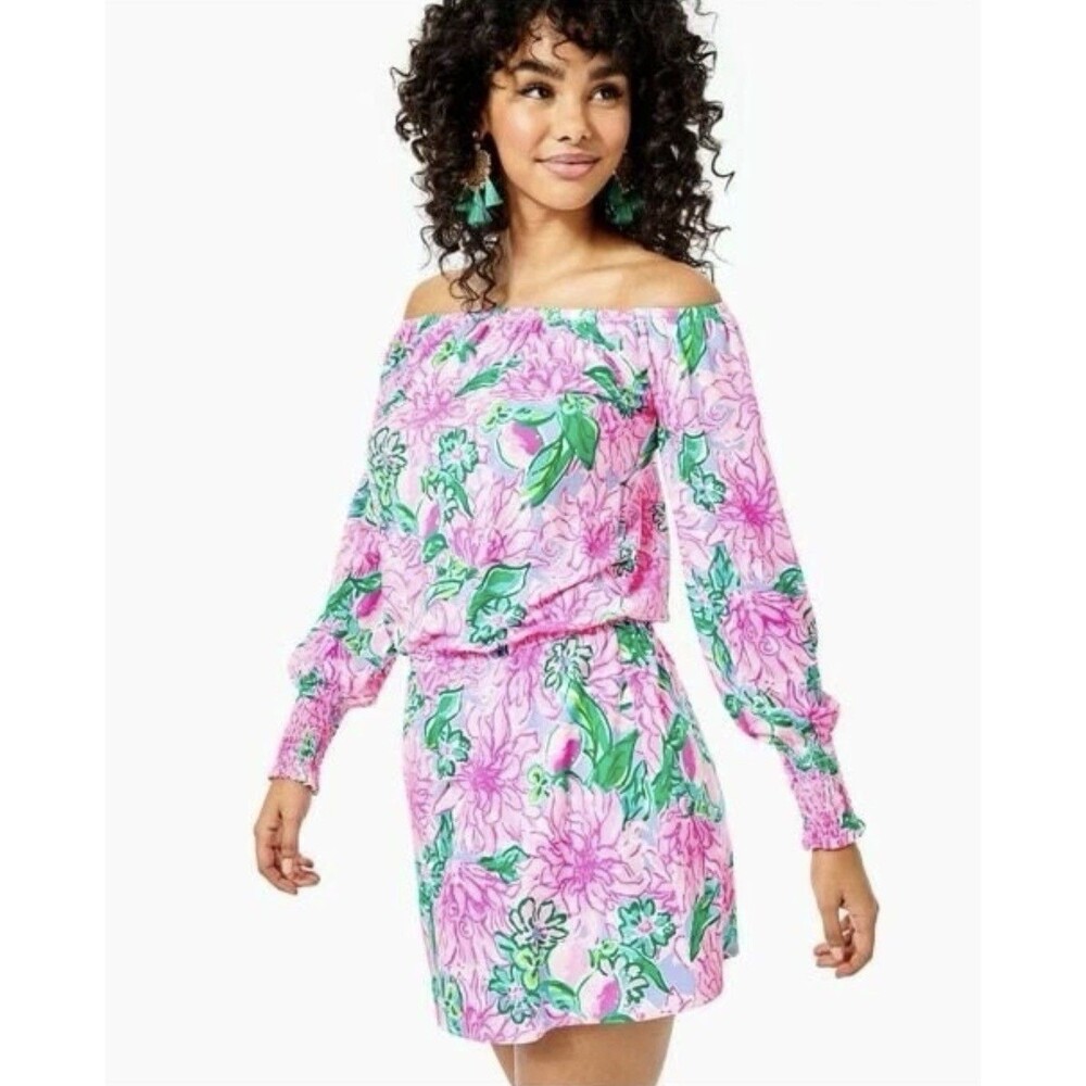 Lilly Pulitzer Lana Skort Romper Size Medium Pink Green Floral Off The Shoulder
